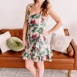 No Ship Drop Ship Fantasy Island Tropical Print Dress