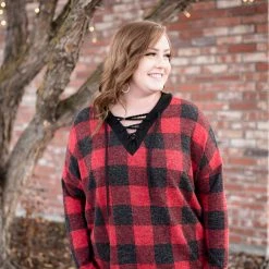 No Ship Drop Ship New Arrivals Plaid Tidings Lace Up Top