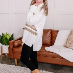 No Ship Drop Ship Necks In Line Knit Sweater In Snow Day