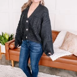 No Ship Drop Ship New Arrivals Legendary Cable Knit Cardigan In Charcoal