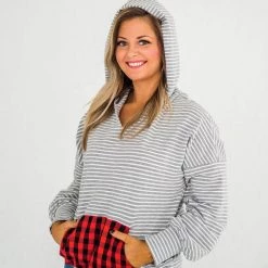 No Ship Drop Ship Plaid About You Hoodie In Gray Stripes