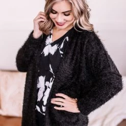 No Ship Drop Ship Stay With Me Feather Cardigan In Black