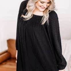 No Ship Drop Ship New Arrivals Home For The Holidays Swiss Dot Dress In Black