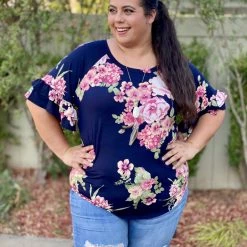 Boutique Simplified Navy Blooms Ruffle Sleeve Top New Arrivals