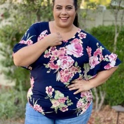 Boutique Simplified Navy Blooms Ruffle Sleeve Top New Arrivals