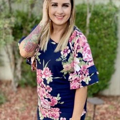 Boutique Simplified Navy Blooms Ruffle Sleeve Top New Arrivals