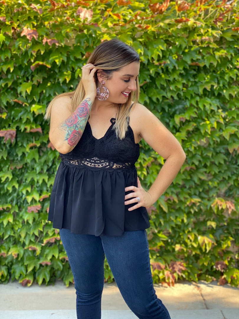 Boutique Simplified Opal Lace Trim Cami Top In Black 6 Boutique Simplified Opal Lace Trim Cami Top In Black