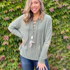 Boutique Simplified I'm All Yours Lace Up Front Long Sleeve Top