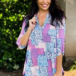 Boutique Simplified Medley Of Flowers 3/4 Sleeve Top New Arrivals