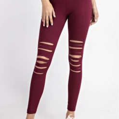 Boutique Simplified Laser Cut Leggings In Burgundy New Arrivals