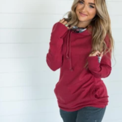 Iris & Rainbow Boutique #C904 Cranberry Plaid Ampersand Doublehood Sweatshirt New Arrivals