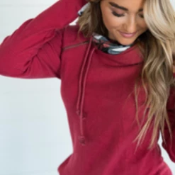 Iris & Rainbow Boutique #C904 Cranberry Plaid Ampersand Doublehood Sweatshirt New Arrivals