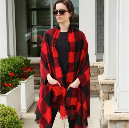 Iris & Rainbow Boutique #K652 Changing Seasons Plaid Ruana (RED/BLACK) New Arrivals
