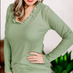 Iris & Rainbow Boutique #K817 Ribbed & Ruffled Top (SAGE)