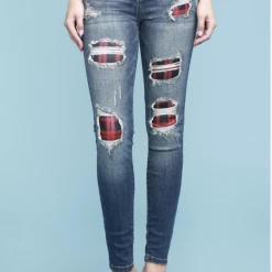 Boutique Simplified Red Plaid Patched Judy Blue Skinnies New Arrivals