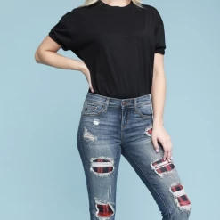 Boutique Simplified Red Plaid Patched Judy Blue Skinnies New Arrivals