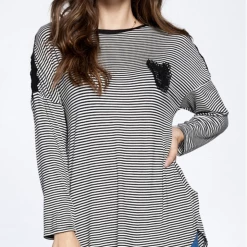Boutique Simplified Hearts & Lace Striped Long Sleeve Tee New Arrivals