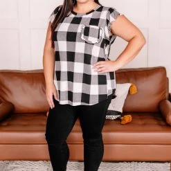 No Ship Drop Ship New Arrivals Let Me Check Black And White Plaid Ruffle Top