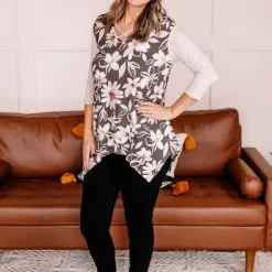 No Ship Drop Ship New Arrivals Whoopsy Daisy Charcoal Floral Top