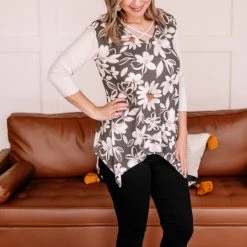No Ship Drop Ship New Arrivals Whoopsy Daisy Charcoal Floral Top