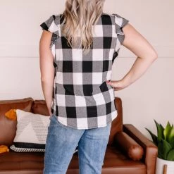 No Ship Drop Ship New Arrivals Let Me Check Black And White Plaid Ruffle Top