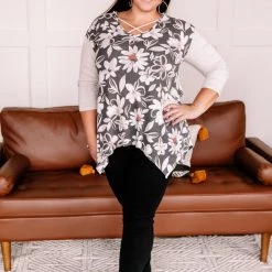 No Ship Drop Ship New Arrivals Whoopsy Daisy Charcoal Floral Top