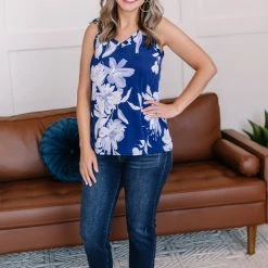 No Ship Drop Ship New Arrivals Set A Different Tone Blue Floral Tank Top