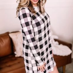 No Ship Drop Ship New Arrivals Across The Board Dress In Black + Ivory Checks