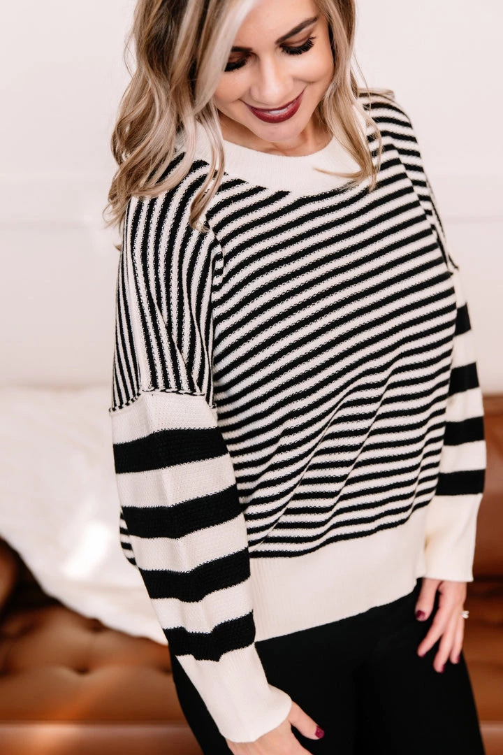 No Ship Drop Ship New Arrivals That Was Easy Black & White Striped Pullover Sweater 9 No Ship Drop Ship New Arrivals That Was Easy Black & White Striped Pullover Sweater