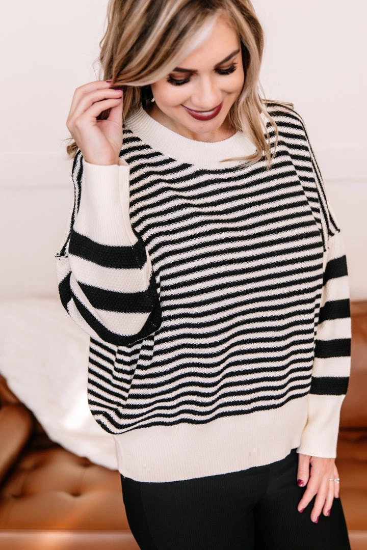 No Ship Drop Ship New Arrivals That Was Easy Black & White Striped Pullover Sweater 4 No Ship Drop Ship New Arrivals That Was Easy Black & White Striped Pullover Sweater
