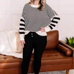 No Ship Drop Ship New Arrivals That Was Easy Black & White Striped Pullover Sweater 27 No Ship Drop Ship New Arrivals That Was Easy Black & White Striped Pullover Sweater