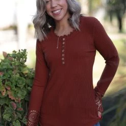 Boutique Simplified Cuffed With Love Rust Henley