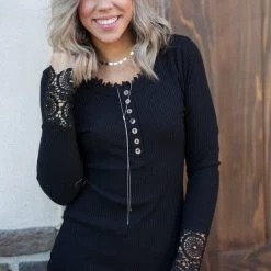 Boutique Simplified Cuffed With Love Black Henley