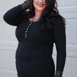 Boutique Simplified Cuffed With Love Black Henley