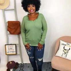 Iris & Rainbow Boutique #K817 Ribbed & Ruffled Top (SAGE)