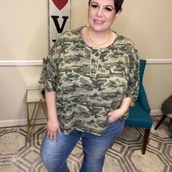 Iris & Rainbow Boutique New Arrivals #H985 On The Line Camo POL Top