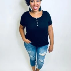 Iris & Rainbow Boutique #K463 Lovely Button Black Top