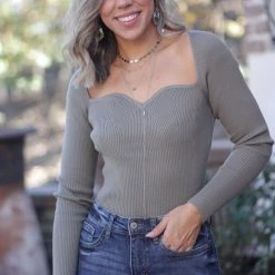 Iris & Rainbow Boutique #L445 Sweetheart Sweater Bodysuit (Olive) New Arrivals