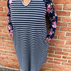 Iris & Rainbow Boutique New Arrivals #L252 A Floral Dream Striped Dress (Navy)