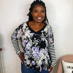 Iris & Rainbow Boutique #K925 Illuminating Floral Stripes Dolman Top