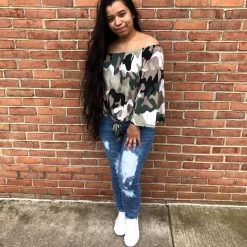 Iris & Rainbow Boutique #1020 Off The Shoulder Soldier Camo Top - FINAL SALE New Arrivals