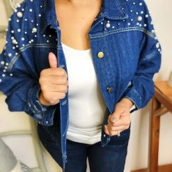 Iris & Rainbow Boutique New Arrivals #L835 Texas Pearls Cropped Jacket (Dark Denim)