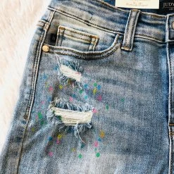 Iris & Rainbow Boutique New Arrivals #K187 Painting Rainbow Splatter Judy Blue Shorts