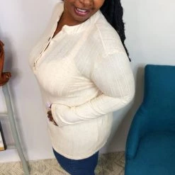 Iris & Rainbow Boutique #K879 Neutral Lines Henley Top (Cream) New Arrivals