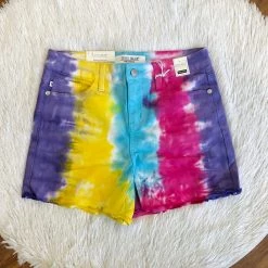 Iris & Rainbow Boutique New Arrivals #K22 Rainbow Snow Cone Judy Blue Tie Dye Mid Rise Shorts