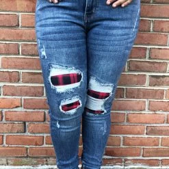 Iris & Rainbow Boutique #D1 Buffalo Plaid Patch Judy Blue Cuffed Skinny Jeans New Arrivals