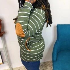 Iris & Rainbow Boutique #M543 Stripe It Up Hoodie With Elbow Patches (Olive)