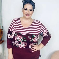Iris & Rainbow Boutique #K963 Flowers And Stripes Long Sleeve (Burgundy)