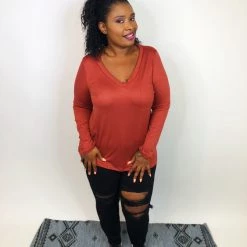 Iris & Rainbow Boutique #K710 Simple & Sweet Long Sleeve Top (RUST) New Arrivals