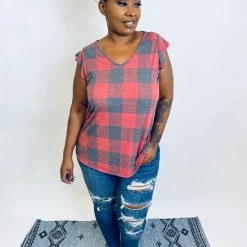 Iris & Rainbow Boutique #K487 Keyed Up In Plaid Top (Red/Black)